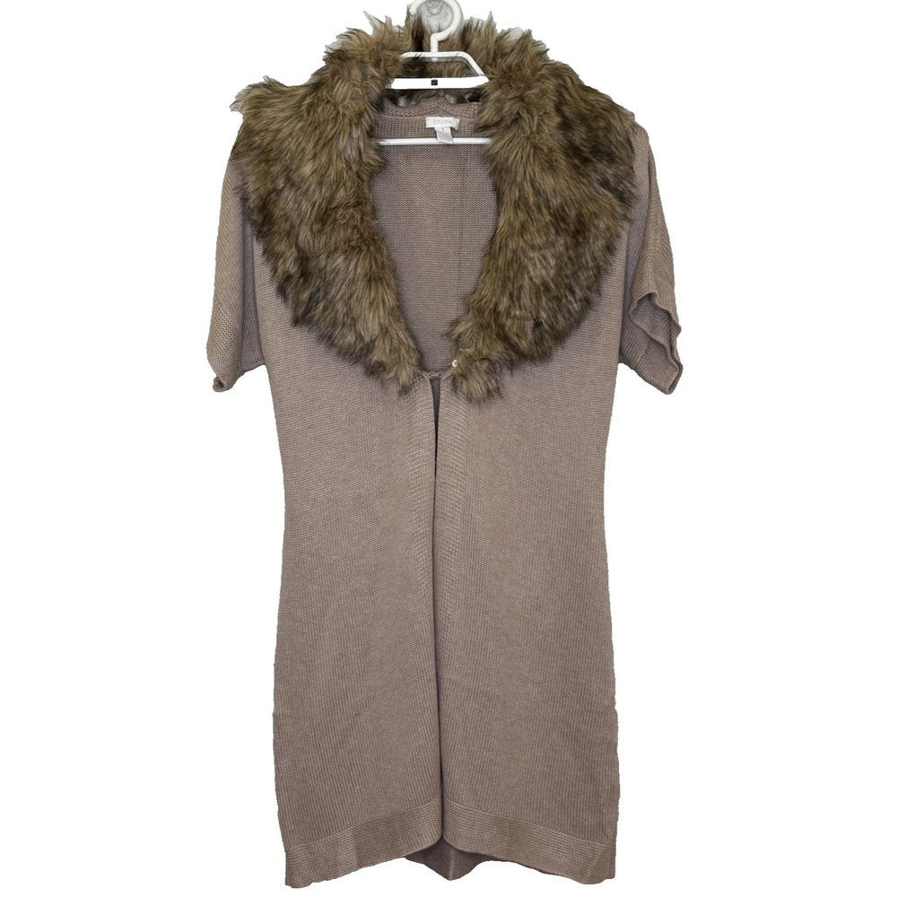 Chico's Sweater Cardigan Faux Fur Collar Womens Size 1 Beige V-Neck Short Sleeve